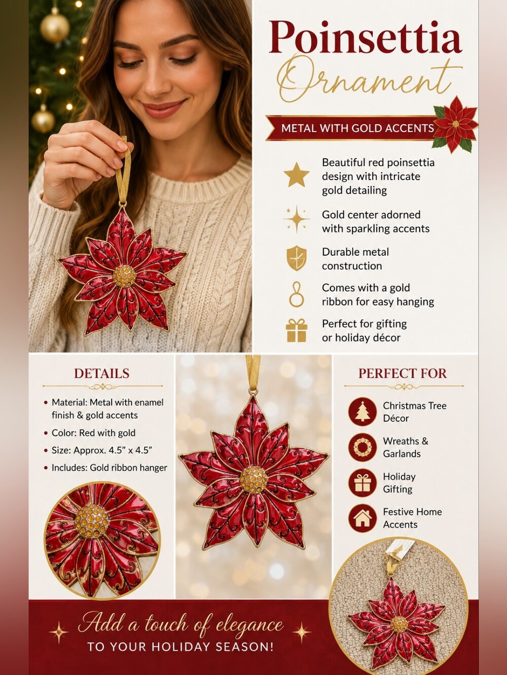 Poinsettia Ornament Metal with Gold Accents